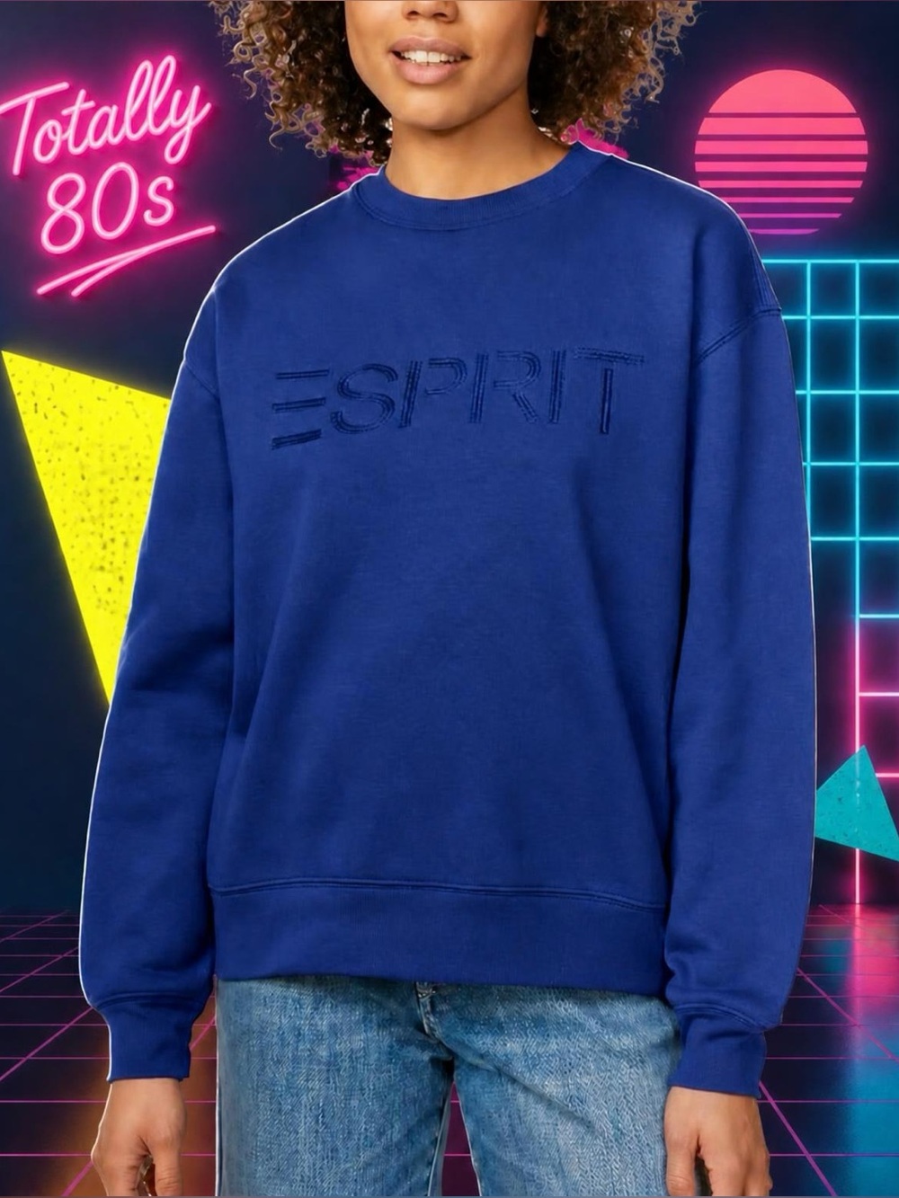 Esprit Women's Logo Fleece Crewneck Sweatshirt Blue Viral 80's Medium NEW